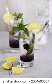 Cold Refreshment Organic Non-alcohol Cocktail Blackberry Mojito With Berry Fruit In Glass