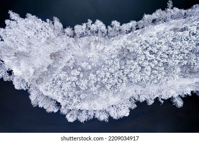 Cold River And Snowy Frozen Forest. Aerial View Of Winter In Poland, Europe