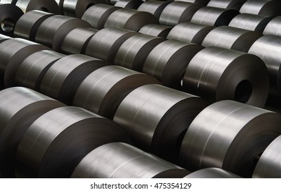 Cold rolled steel coil at storage area in steel industry plant.