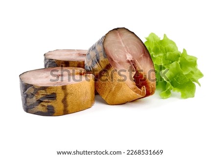 Cold smoked mackerel pieces, close-up, isolated on white background Stock photo © 