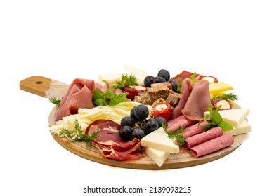 Cold Smoked Meat Plate, antipasto set platter wooden plate. Antipasto board with sliced meat, ham, salami, cheese - Shutterstock ID 2139093215