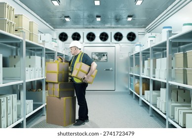 Cold storage operations, warehouse worker stacking boxes inside refrigerated room, handling packaged goods in temperature-controlled facility for food or pharmaceutical storage.
