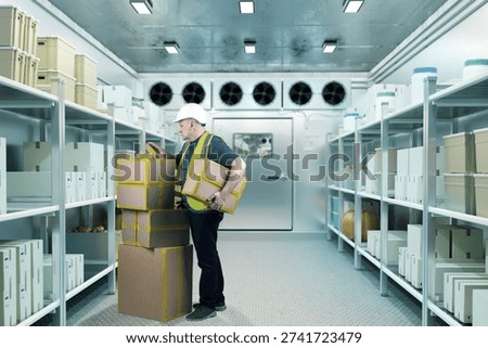 Cold storage operations, warehouse worker stacking boxes inside refrigerated room, handling packaged goods in temperature-controlled facility for food or pharmaceutical storage.