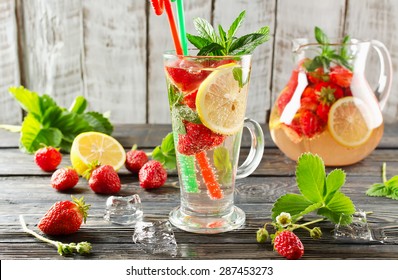 Cold Summer Drink With Mint, Strawberry And Lemon