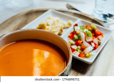 Cold Vegetable Soup (gazpacho), Typical Food Of Andalusia, Spain, Pieces Of Various Vegetables