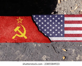 cold war. Flag of the Soviet Union (1922-1991). American Flag (50 stars). For basemap or background use. double exposure hologram