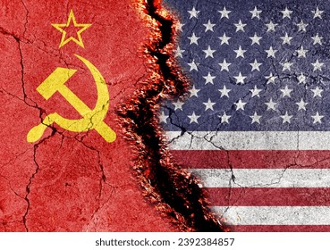 cold war. Flag of the Soviet Union (1922-1991). American flag (50 stars). Describe the hostile relationship between the two countries. Background or basemap. double exposure hologram
