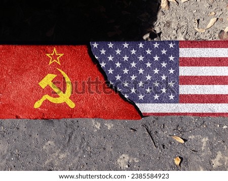 cold war. Flag of the Soviet Union (1922-1991). American Flag (50 stars). For basemap or background use. double exposure hologram