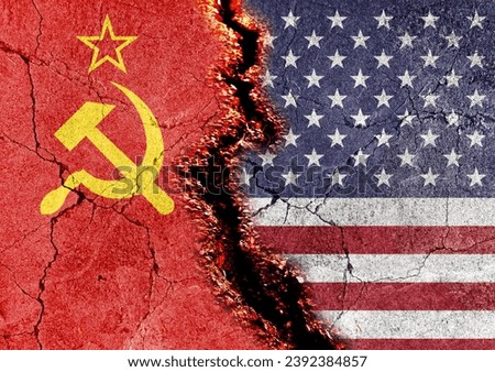 cold war. Flag of the Soviet Union (1922-1991). American flag (50 stars). Describe the hostile relationship between the two countries. Background or basemap. double exposure hologram