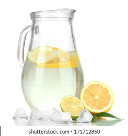 Cold water with lime, lemon and ice in pitcher isolated on white