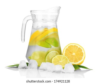 Cold Water With Lime, Lemon And Ice In Pitcher Isolated On White