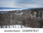 The cold waters of Cayuga Lake, one of the Finger Lakes of New York State, seen from a hilltop at Cornell University in Ithaca, New York. 