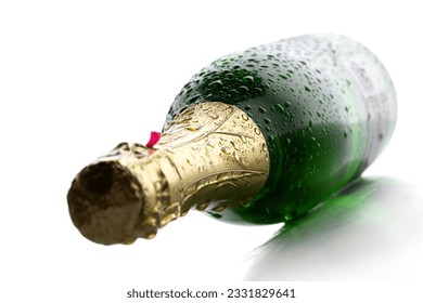 Cold wet bottle of champagne wine on white background - Powered by Shutterstock