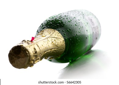 Cold wet bottle of champagne wine on white background - Powered by Shutterstock