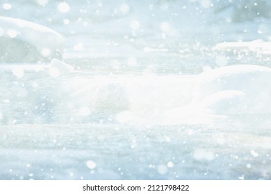COLD WINTER BACKGROUND DURING SNOWFALL OVER THE FROZEN WATER STREAM, SOFT LIGHT NATURAL ICY CHRISTMAS BACKDROP - Shutterstock ID 2121798422
