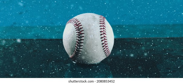 Cold winter season baseball banner with snow and blue background for sport.