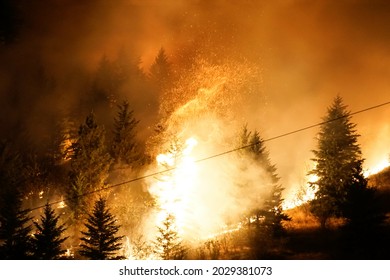 COLDSTREAM, CANADA - Jul 10, 2021: A View Of The Clerke Road Wildfire Along Hwy 97 In Coldstream BC, Canada