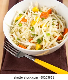 Cole Slaw With Green Onions, Carrots And Mango Pieces