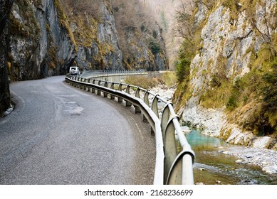 Colere, Province of Bergamo - 01 03 2022: The Via Mala opens its way into the mountain coast in a landscape of harsh shapes, between gorges and ravines dating back to the last glaciation.