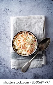 Coleslaw, Cabbage Carrot Salad With Greek Yogurt Dressing In A Bowl. Selective Focus