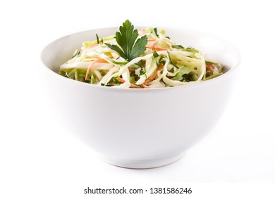 Coleslaw Salad In White Bowl Isolated On White Background.