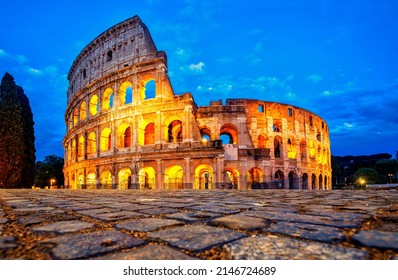 Coliseum morning in Rome, Italy. Colosseum is one of the main attractions of Rome. Coliseum is reflected in puddle. Rome architecture and landmark. - Shutterstock ID 2146724689