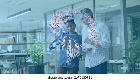 Collaborating colleagues examining tablet computer projecting holographic globe in open-plan office. Technology, data, innovation, teamwork, modern, immersive, visualization