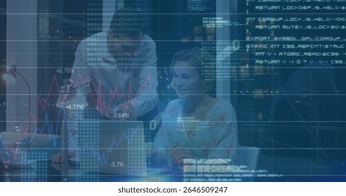 Collaborating colleagues reviewing code around laptop in night office, with desk lamp mug papers. Collaboration, teamwork, innovation, modernity, productivity, data analysis, corporate
