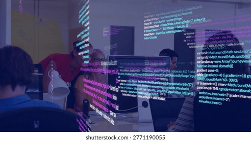 Collaborating dev team reviewing neon code on main iMac monitor at coworking space wearing hoodies. Collaboration, programmers, workspace, neon, overlay, openplan, focus