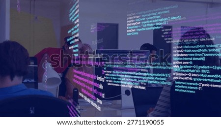 Collaborating dev team reviewing neon code on main iMac monitor at coworking space wearing hoodies. Collaboration, programmers, workspace, neon, overlay, openplan, focus