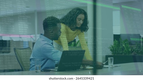 Collaborating developer and engineer pointing at code on laptop at open-plan office with smartphone. Creative, teamwork, modern, technology, brainstorming, productivity, workspace - Powered by Shutterstock - Get 15% off with code: PIKWIZARD15