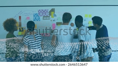 Collaborating five colleagues using whiteboard with sticky notes, charts and data overlay in office. Teamwork, innovation, mind-mapping, brainstorming, productivity, modern, digital
