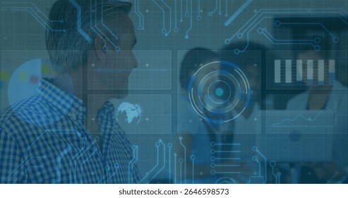 Collaborating four professionals viewing screen at desk in boardroom, with holographic overlays. Technology, innovation, data analysis, teamwork, futuristic, corporate, digital interface