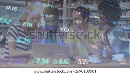 Collaborating friends analyzing stock data on laptop at coffee shop, with cups and market overlay. Collaboration, teamwork, technology, innovation, casual, modern, learning