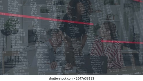 Collaborating office professionals reviewing code overlay in modern office, with laptops and plant. Teamwork, innovation, technology, workspace, productivity, modern design, communication - Powered by Shutterstock - Get 15% off with code: PIKWIZARD15