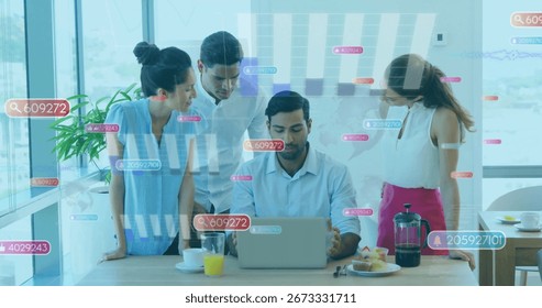 Collaborating office team analyzing data in office meeting room, with laptop, coffee and pastries. Collaboration, teamwork, modernity, innovation, productivity, brainstorming, workspace
