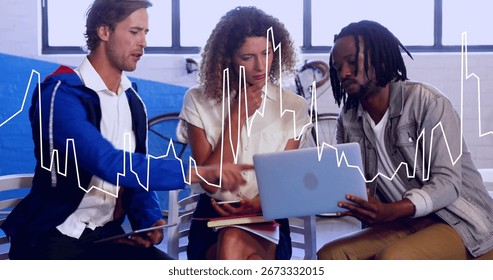 Collaborating professionals analyzing chart graphic in office lounge, with tablet laptop smartphone. Collaboration, teamwork, modern, workspace, data, analytics, communication
