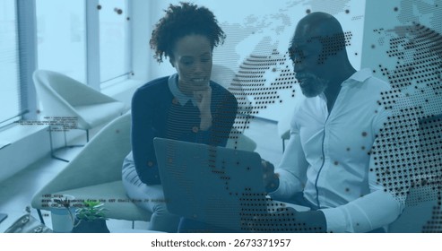 Collaborating professionals analyzing code overlays on laptop in office lounge with mug smartphone. Business, technology, teamwork, innovation, modern, workspace, communication