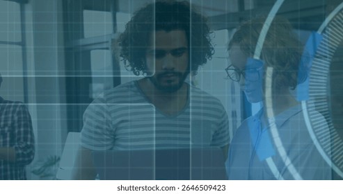 Collaborating professionals analyzing data charts on laptop in modern office, with digital overlay. Business, innovation, technology, teamwork, futuristic, enterprise, digital
