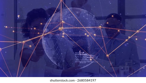 Collaborating professionals analyzing documents around conference table, glowing globe overlay. Technology, connectivity, teamwork, innovation, modern, corporate, communication