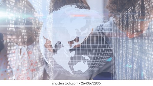 Collaborating professionals analyzing floating wireframe globe in conference room, with binary code. Technology, teamwork, innovation, digital, data, communication, future