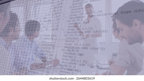 Collaborating IT professionals analyzing network data in meeting room, with laptops and flip chart. Technology, teamwork, data analytics, corporate, modern, innovation, communication