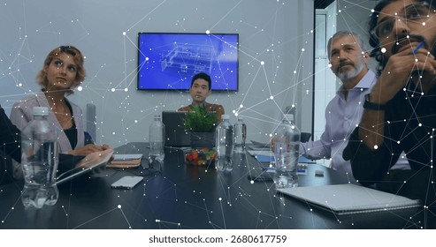 Collaborating professionals analyzing technical blueprint display in meeting room, with laptop. Collaboration, teamwork, innovation, corporate, modern, technology, communication