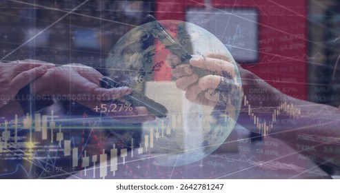 Collaborating professionals comparing stock charts on phones at corporate office, holographic globe. Technology, finance, innovation, teamwork, digital, data analysis, global - Powered by Shutterstock - Get 15% off with code: PIKWIZARD15