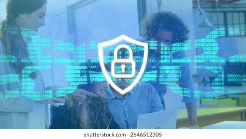 Collaborating professionals reviewing laptop at modern office, with padlock security overlay. Cybersecurity, data protection, teamwork, innovation, digital, technology, corporate