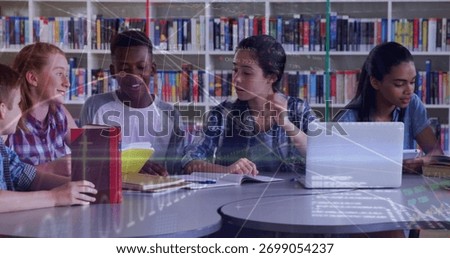Collaborating students researching data at media center table, with red tablet and yellow notebook. Mentorship, learning, innovation, teamwork, education, digital, knowledge