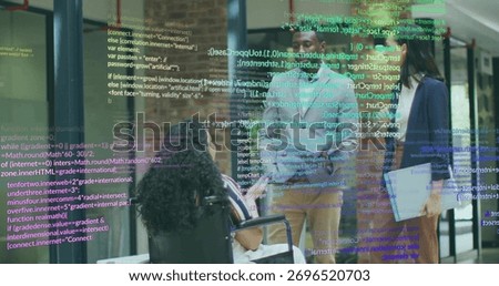 Collaborating team in blazers projecting code snippets in office hallway with laptop and wheelchair. Technology, innovation, teamwork, modernity, accessibility, digital, professional