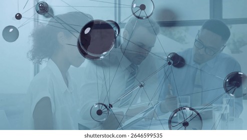 Collaborating team consulting paperwork and using tablet in conference room with network overlay. Business, teamwork, innovation, technology, corporate, strategy, communication