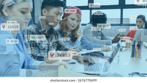 Collaborating team of five analyzing data on laptops in office, with notes, coffee and digital tags. Collaboration, teamwork, innovation, digital, productivity, modern, creative