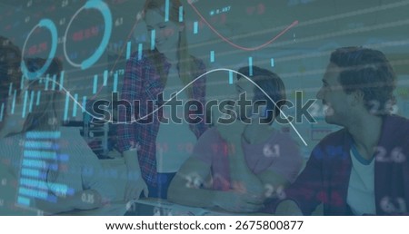Collaborating team of five analyzing financial data overlays at office, with laptop and notebooks. Collaboration, teamwork, data visualization, modernoffice, fintech, business, analytics